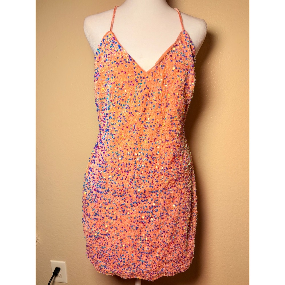 Y2K City Triangles Coral Iridescent Sequin Mini Dress V-Neck Cross Back